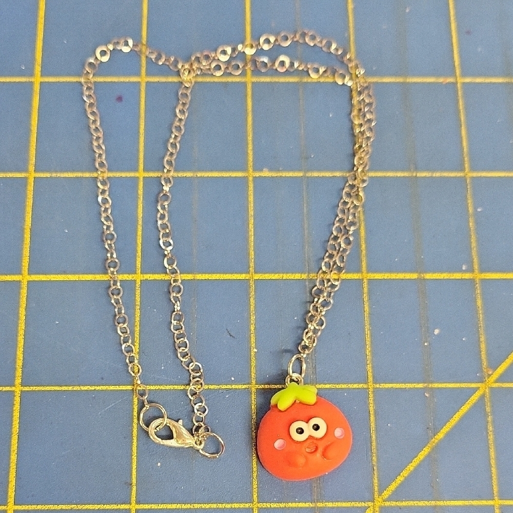Tomato Happy Face 3/4" Silver Tone 17" Necklace